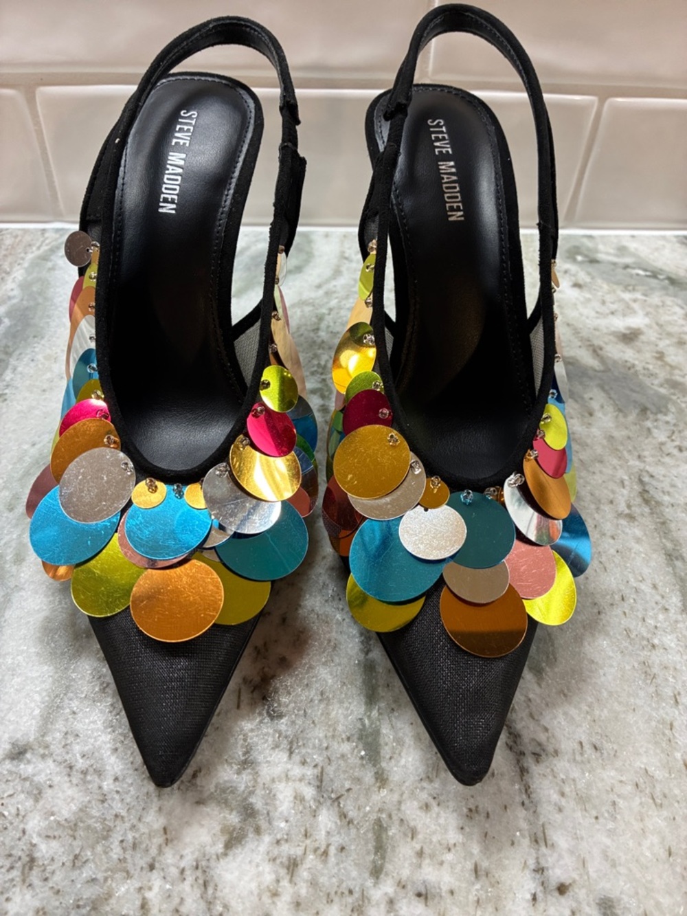 Steve Madden Black Slingback Heels with Bright Multicolor Sequin Discs
